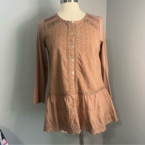 LOGO LAVISH Lori Goldstein XXS Cocoa Button Front Top w/ Knit Sleeves